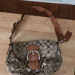 Coach Brown Signature Canvas Shoulder Bag with Buckle Accent